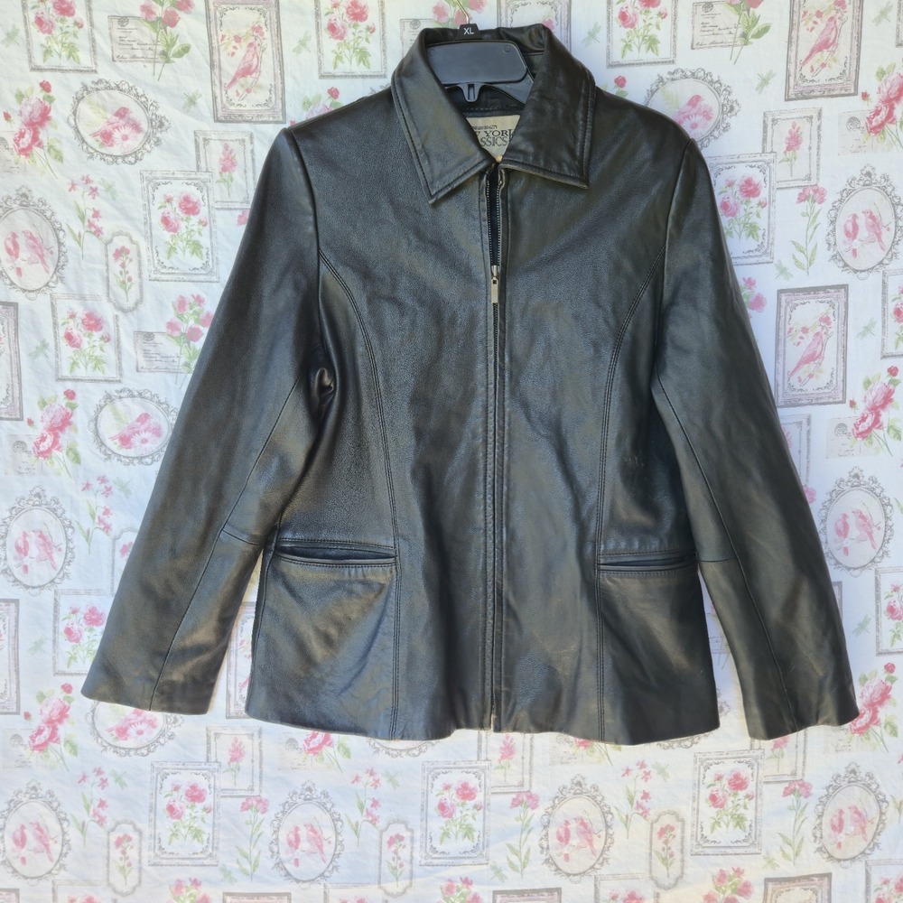 Vintage Black Leather Jacket Zipper Front Classic Lightweight Coat Women Size M